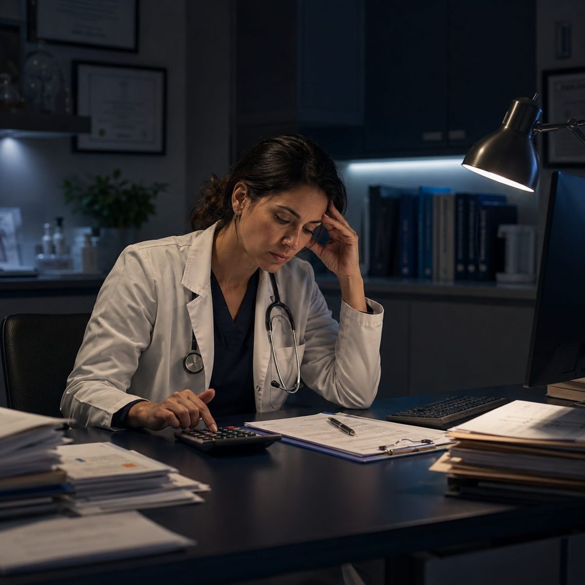Médica na clínica, 12h por dia